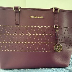 Michael Kors Purple Tote Bag with Gold Stitching
